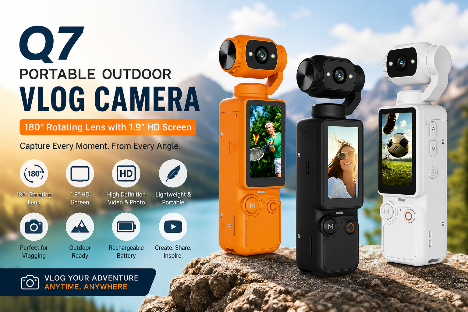 Q7 Portable Outdoor Vlog Camera – 180° Rotating Lens with 1.9" HD Screen
